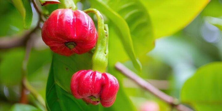 Two ripe Surinam cherries hang from a green branch, with vibrant red skins.
