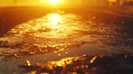 Golden Sunset Reflections on Waterlogged Asphalt Pavement Surface Detail