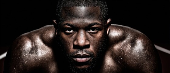 Intense portrait of a muscular young man with dark skin glistening shiny skin serious determined expression black background
