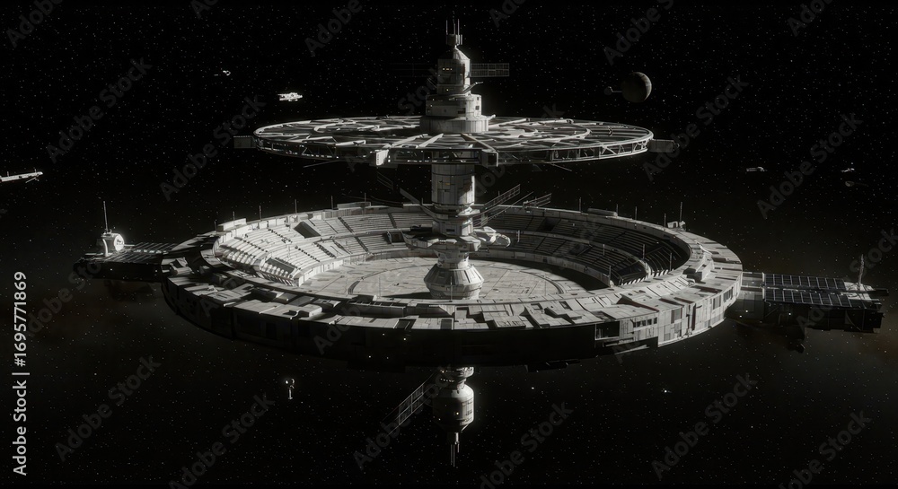 Poster a massive, ring-shaped space station orbits in the dark expanse of space, showcasing intricate desig
