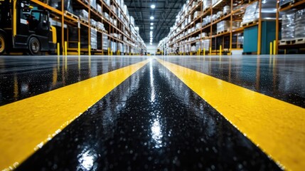 Warehouse interior with yellow stripes on the floor, emphasizing logistical movement