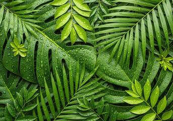 Lush monstera palm and tropical leaves with water droplets