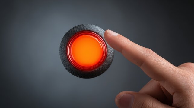 Close-up of a human finger pressing a large red illuminated button on a dark background, emphasizing action, decision making, and control