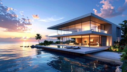 Obraz premium A stunning modern beachfront house with an infinity pool, showcased at sunset against a tranquil ocean backdrop.
