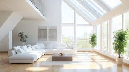 Bright living room interior with panoramic windows and modern design elements