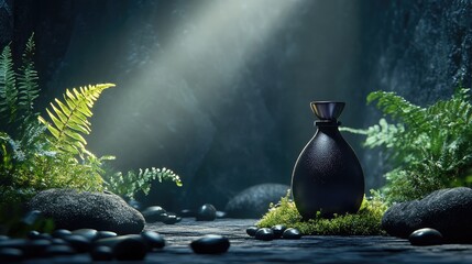 Mystical zen garden still life with a dark vase, stones and ferns
