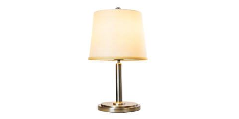Table lamp with cream fabric shade and metal base isolated on a transparent background