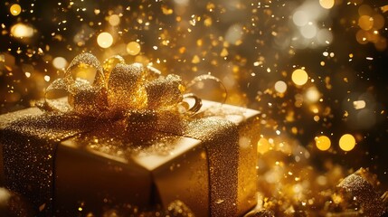 Elegant golden gift with sparkly confetti against bokeh lights backdrop