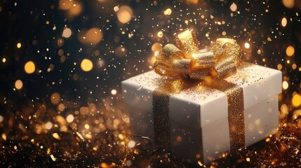 Elegant Gift Box with Golden Ribbon amidst Sparkling Confetti Atmosphere