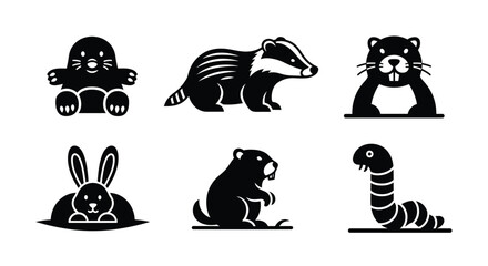 Six burrowing animals and a worm, black glyph icons. © Sultan Desain