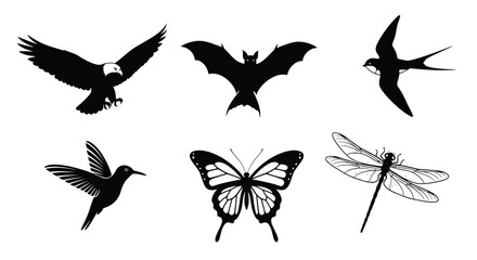 Collection of black silhouettes depicting various flying animals including an eagle, bat, swallow, hummingbird, butterfly, and dragonfly on a white background.
