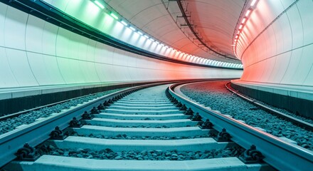 Modern Train Tunnel with Vibrant Colored Lights and Tracks