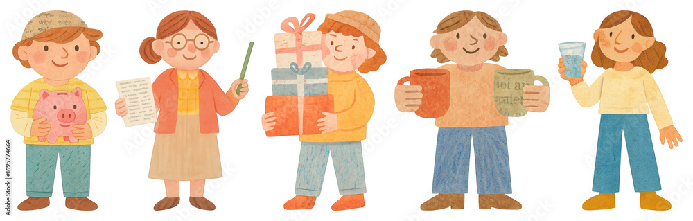 Poster png cute cartoon characters with objects, element set on transparent background