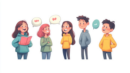 Group of friends talking and sharing ideas in a colorful cartoon illustration.