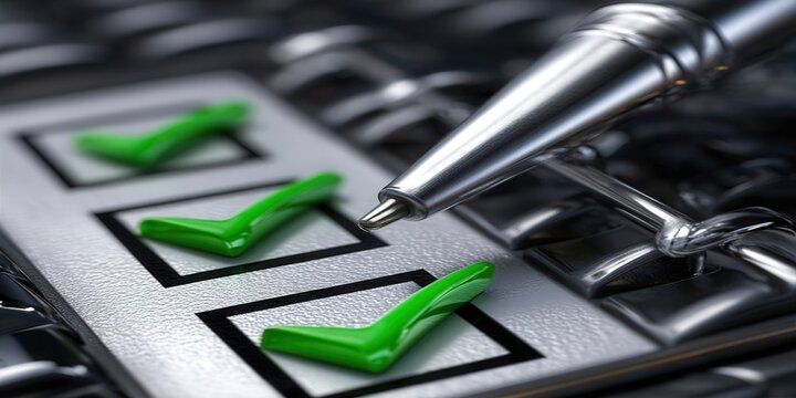 A close up shot features a checklist with a pen and green checkmarks.
