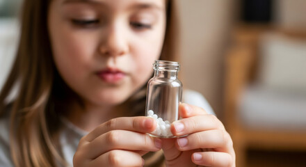 Fototapeta premium Little girl holding a small glass bottle with white homeopathic pills in her hands. Natural and alternative medicine for child.