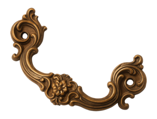 Ornate brass furniture handle with an antique finish and decorative details