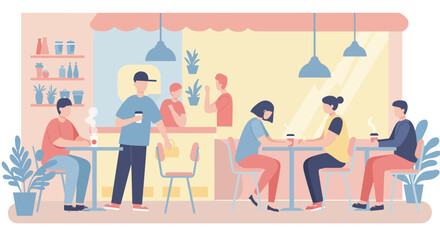 Illustration of people enjoying coffee and conversation inside a bright, modern cafe with large windows and potted plants.
