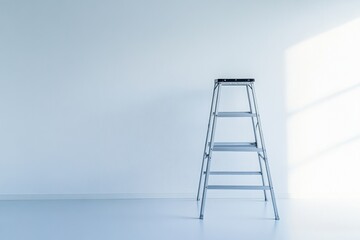 Modern metal ladder stands alone in minimalist clean white room with soft natural light casting shadows on wall, creating calm and simple atmosphere