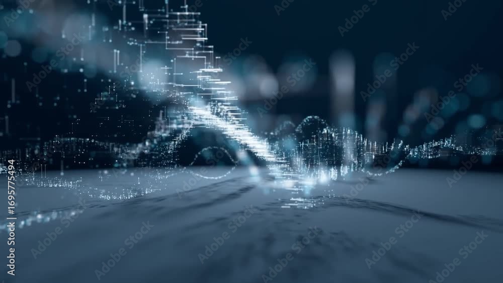 Poster digital wave rippling across dark background, visualizing high speed data transmission and technolog