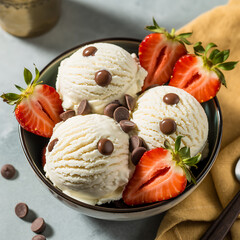 Creamy Vanilla Ice Cream Scoops with Strawberries and Chocolate Chips strawberry dessert