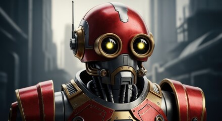 Close up portrait of a retro futuristic robot with glowing eyes and red metallic armor in an urban setting