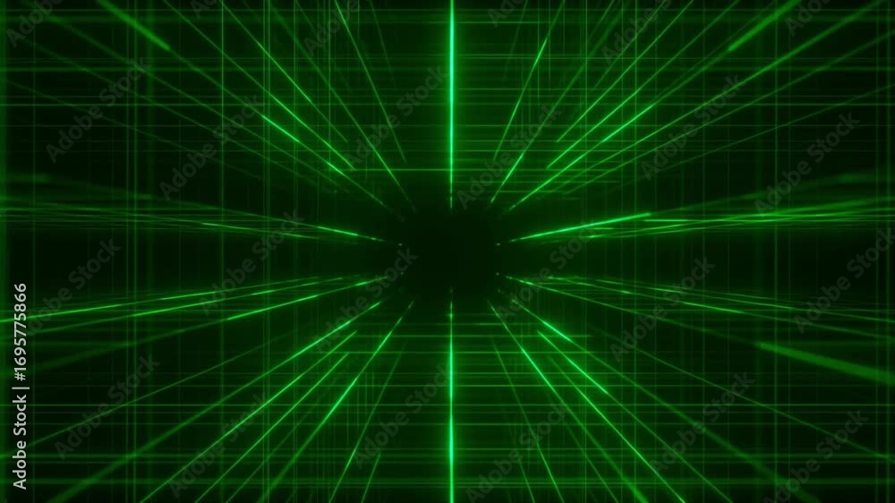 Poster green lines expand and converge towards the center of digital space, creating a dynamic and futurist