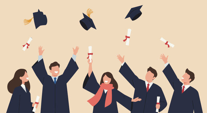 Joyful graduates celebrate their academic achievement, tossing caps and diplomas in the air.