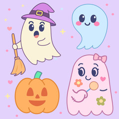 Cute pastel halloween ghosts pumpkin witch hat kawaii illustration