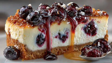 Hyper-Realistic Close-Up of Gourmet Blueberry Cheesecake with Creamy Filling and Glossy Jam in Soft Natural Lighting