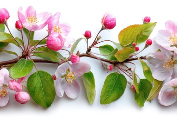 Pink blossoms and fresh green leaves on a branch