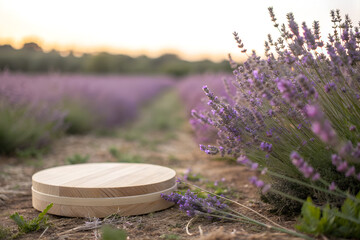Empty round wooden podium placed in lavender field at golden hour. Perfect natural stage for cosmetic, skincare, beauty, aromatherapy, and organic wellness product branding.