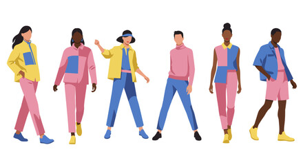 Fototapeta premium Illustration of diverse individuals in stylish, color-blocked outfits, showcasing fashion trends.