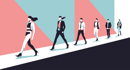 Obraz premium Stylized illustration of a fashion show featuring models walking down a runway with a geometric backdrop in pink, teal, and dark blue.