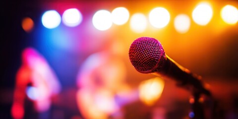 A microphone on stage with vibrant lights, perfect for a live performance.