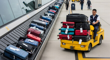 Men moving luggage on a conveyor belt system in an airport, sorting baggage for air travel. Industrial logistics for luggage handling.