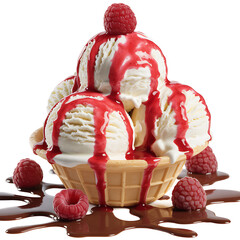 Vanilla Ice Cream Sundae in Waffle Bowl with Raspberries and Chocolate Drizzle raspberry