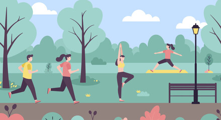 People exercising outdoors in a park setting, engaging in running and yoga activities.