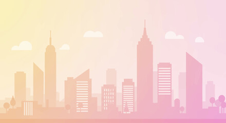 Obraz premium Silhouette of a city skyline with various skyscrapers and buildings, rendered in soft pastel colors, creating a dreamy and serene urban scene.
