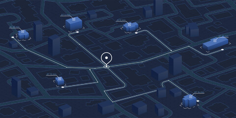 Isometric delivery route map with time estimates and urban layout. Urban Delivery Route Tracking on 3D GPS Navigation Map. Logistic management, or supply chain visualization. Vector illustration