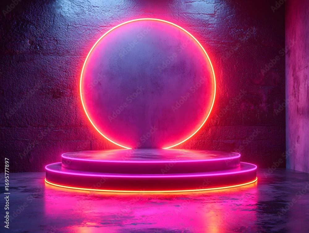 Poster a futuristic neon lit stage with a circular glowing element and a multi tiered podium in an abstract