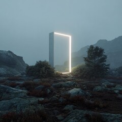 Misty mountain landscape with glowing portal