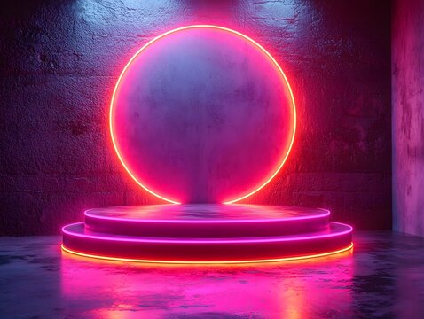 A futuristic neon lit stage with a circular glowing element and a multi tiered podium in an abstract environment