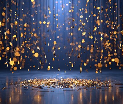 Golden rain cascading down a dark blue space
