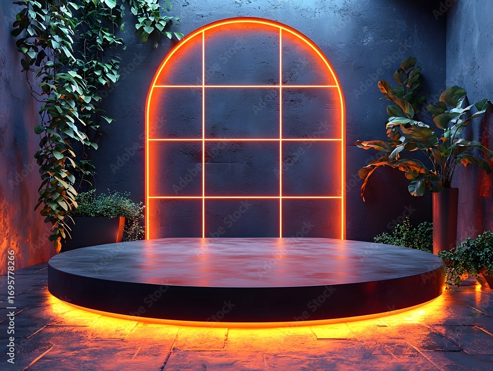 Poster an empty modern podium with vibrant orange neon grid lighting and lush plants creating a dramatic an