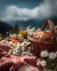 Picnic Basket With Fresh Baked Goods And Daisies On A Red And White Blanket In Mountain Meadow