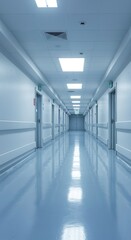 Fototapeta premium A long, sterile hallway with bright lights, reflecting off a smooth, light blue floor, extends into the distance, highlighting the clean, minimalist design of the space.