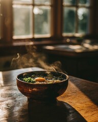 Bowl Of Steaming Ramen With Sunny Window Light