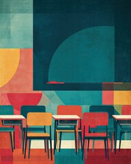 Colorful Classroom Interior with Geometric Shapes