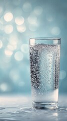 Glass of Sparkling Water on Light Teal Background